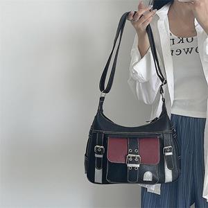 Yogodlns Retro Patchwork Shoulder Bag For Women Soft Leather Crossbody Bag Cool Girl Messenger Bag Shopping Purse Handbag