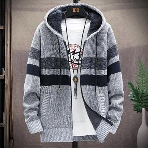 SHUIYUE Men's Fleece Sweater Cardigan Large Size Contrasting Color Jacket Youth Slim Trendy Hooded Jacket