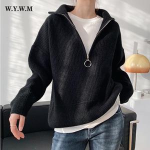 WYWM Zipper Turn-down Collar Autumn Sweaters Women Cashmere Soft Loose Solid Female Knited Pullovers 2021new Thick Jumper
