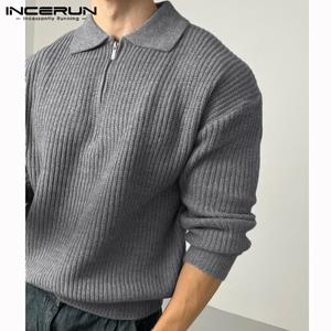 INCERUN Autumn Winter Men's Loose Collared Zip Up Sweater Tops