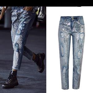 STYLECHASER Sexy Low-waist Slim Jeans Patchwork Borduurwerk Pailletten Denim Broek Gewassen Jeans