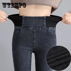 WTEMPO High Waist Jeans Women's Autumn and Winter Plus Size Slimming Slimming Elastic Waist Feet Long Pants Plus Velvet Thickening