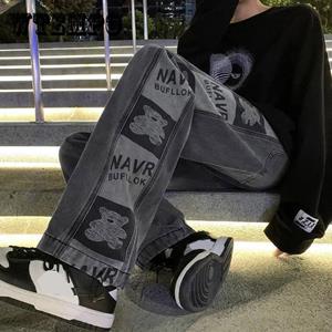 WTEMPO Koreaanse versie Ins Smoke Gray Straight Jeans Dames Herfst en Winter Nieuwe Retro Loose Bear Print Wide-leg Daddy Pants