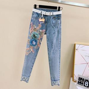 Four Four Summer Women Fashion Denim Pants Jeans Leggings 3D Flower Nine-point Jeans