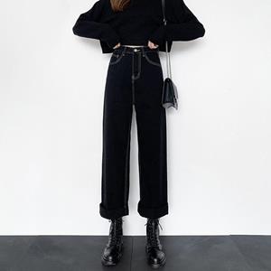 Women fashionable clothing Zwarte losse wijde pijpen casual jeans vrouwen winter broek hoge taille streetwear oversized broek