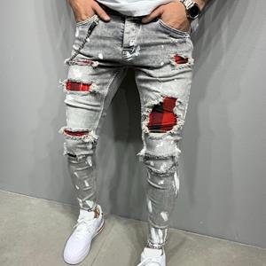 Industry & Business Fashion Mannen Solid Ripped Skinny Fit Stretch Denim Kleur Patchwork Jeans Broek