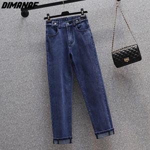 Dimanaf 2022 New Plus Size Jeans Autumn Women Pencil Basic Elastic Pants Loose Casual Female Blue Trousers Pants 5XL