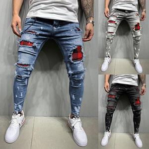 EUREKA YZJ HerenMode Gescheurd Jeans Broek Plaid Contrast High Elastic Stretch Denim Jeans Casual Broek Broek