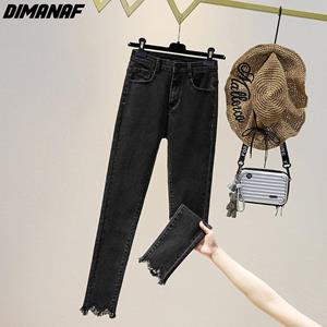 Dimanaf 2022 New Plus Size Jeans Autumn Women Basic Elastic Pants Loose Casual Female Black Trousers Pants