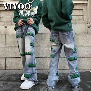 VIYOO Streetwear High Street Heren Borduurwerk Mode Denim Vintage Y2K Kleding Jeans Rechte Baggy Broek Mannen Harajuku Broek Tieners