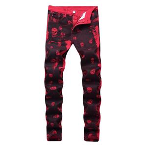 Sivia Skull Print Tie Dye Men Hip Hop Pencil Jeans Trousers Red Punk Women Casual Slim Denim Pants