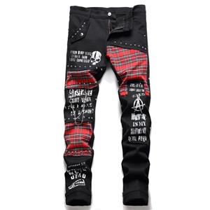 Sivia Mode Rode Plaid Patchwork Punk Klinknagel Mannen Slanke Jeans Broek Schedel Letters Print Hip Hop Keten Denim Broek