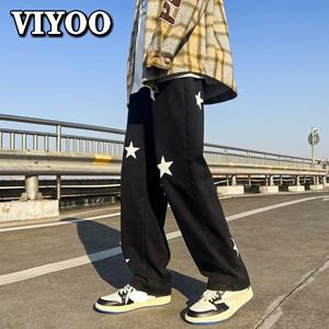 VIYOO Heren Y2K modetrendkleding bedrukte baggy rechte vintage broek jeans voor heren casual denim broek streetwear man joggingbroek