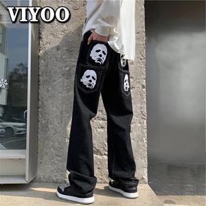 VIYOO Men's Printed Baggy Y2K Trousers Fashion Clothes Y2k Jeans Hip Hop Vintage Streetwear Sweatpants Jogger Man Harajuku Denim Wide Pants For Women Goth
