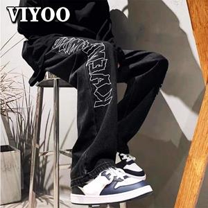 VIYOO Hip Hop Male Black Printed Y2K Baggy Jeans Man Retro Vintage Denim Pants Straight Trousers High Waist Wide Leg Pants For Men