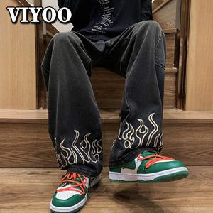 VIYOO Men's Fashion Y2K Clothes Vintage luxury Jeans Men Fire Embroidery High Quality Baggy Straight Trousers Denim Pants Jeans For Men Streetwear