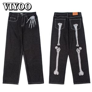 VIYOO Retro Skull Hand Bone Embroidery Washed Mens Jeans Pants Y2K Straight Casual Oversize Denim Trousers Loose Streetwear Pantalones