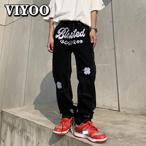 VIYOO Men's Y2K Clothes New Fashion Letter Embroidery Baggy Men Hip Hop Jeans Straight Casual Black Denim Trousers Pants For Men Streetwear