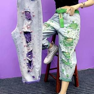 21top Summer New European Style Sexy  Hole Nail Bead Womens Jeans Fashion Harem Pants
