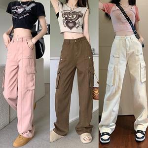 HOUZHOU Straight Cargo Jeans Women Fall Casual Vintage High Waist Denim Pants Korean Design Baggy Trousers Wide Leg Trousers Y2k Style