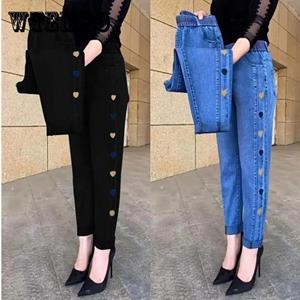 Cucumber Vrouwen lente en herfst denim broek kleurrijke hart geborduurde harem jeans hoge taille elastiek grote maat losse casual denim broek