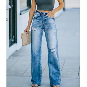 Surwenyue Autumn Casual Wide Leg Pants Female Mid-Waist Blue Ripped Denim Jeans Fashion Baggy Jeans Winter Trousers Vaqueros Mujer 23819