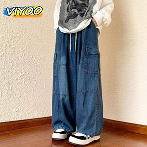VIYOO Black New Jeans Cargo Denim Baggy Pants Men Hip Hop Japanese Streetwear Vintage Y2k Korean Style Straight Wide Leg Trousers Male