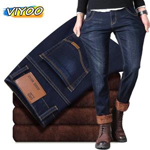 VIYOO Men's Autumn Winter Clothing Plus Velvet Thick Skinny Slim Male Denim Retro Vintage Straight Jeans Trousers Streetwear Jogging Jogger Pants Man
