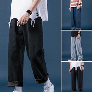 Tianhangyuan Mid-rise Pockets Solid Color Distressed Men Jeans Hip Hop Straight Wide Leg Denim Pants