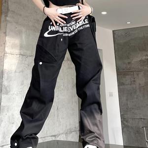 TUVBNRD24 Letter Print Cargo Pants Women Jeans Street Vintage Hip Hop Baggy Jeans Women Casual Straight High Waisted Jeans Woman