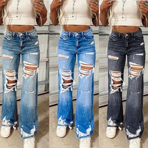 Fahion Jeans Women High Waist Denim Jeans Ladies Casual Ripped Hole Straight Pants