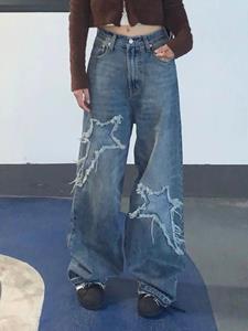 Fantastic wardrobe Vintage Streetwear Star Blue Jeans Women Y2K Grunge Distressed Patchwork Oversized Wide Leg Denim Pants Female Retro