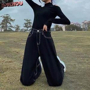 HOUZHOU Vintage High Waist Black Jeans Women Korean Style Ins Loose Thin Wide-leg Pants College Style Wild Straight-leg Pants