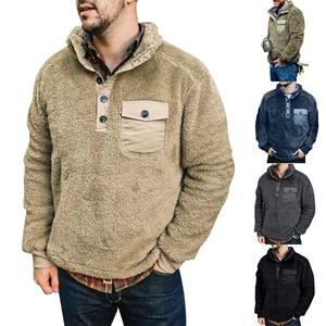 Hong Fashion Men's Solid Color Plush Warm Coat Fleece Sweater Casual Coat Pocket Sweater Autumn Winter Coat