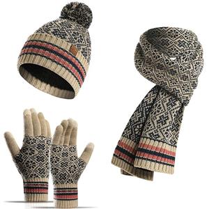 ArmadaDeals Winter Sneeuwvlok Gebreide Verdikte Hoed Sjaal Handschoenen 3PCS Set, Beige