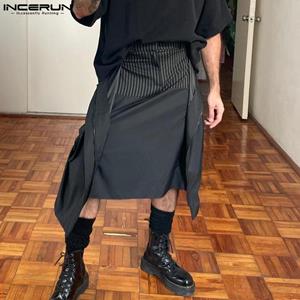 INCERUN S-5XL Men's Fashion Patchwork Stripes Solid Color Fake Two-piece Zipper Skirt