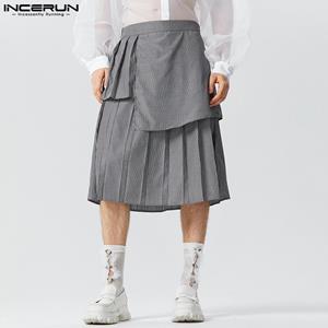 INCERUN Striped Pleating Men Casual Loose Midi Skirts