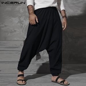 INCERUN S-5XL Men's Loose Elastic Waist Long Trousers Casual Drop-crotch Harem Pants