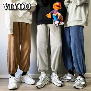 VIYOO Y2K Man Casual Tie Leg Straight Pants Woman Joggers Clothes Corduroy Streetwear Oversize Trousers Man Korean Streetwear Pants For Men