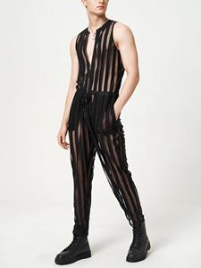 INCERUN Mens Striped See Through Zip Front Sleeveless Jumpsuit