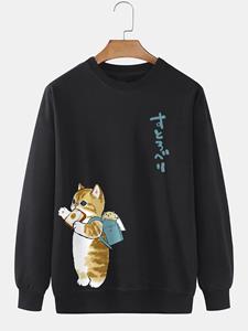 ChArmkpR Mens Cute Cat Japanese Print Daily Pullover Sweatshirts