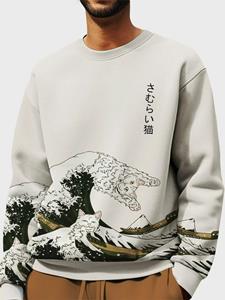 ChArmkpR Mens Japanese Wave Cat Print Crew Neck Pullover Sweatshirts