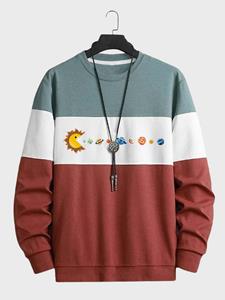 ChArmkpR Mens Cartoon Planet Print Color Block Patchwork Pullover Sweatshirts