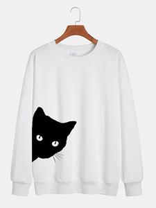 ChArmkpR Mens Cartoon Cat Side Print Crew Neck Pullover Sweatshirts