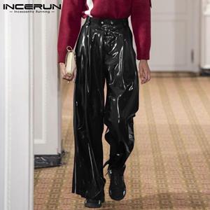 INCERUN Autumn MensLeather Wide Leg Long Pants Straight Vintage Party