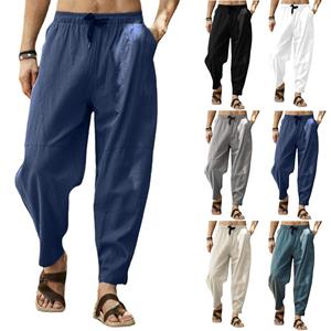 Lapa Men's Cotton Linen Baggy Long Trousers Wide Leg Elastic Waist Loose Harem Pants