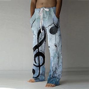 Womennn Men's Loose Casual Solid Color Trousers Elastic Tie Black Musical Note Printed Straight Pants