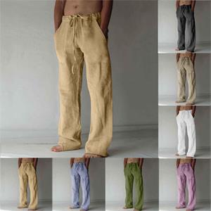 Vineal Men's Cotton And Linen Elastic Waist Blended Breathable Comfortable Soft Beach Casual Trousers