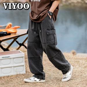 VIYOO Men's Y2K Clothes Jeans Baggy Wide Leg Drawstring Cargo Pants Streetwear Sweatpants Jogging Straight Trousers For Men Harajuku Clothing