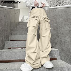 INCERUN Spring Men's Solid Multi-Pocket Pleated Straight-Leg Cargo Trousers